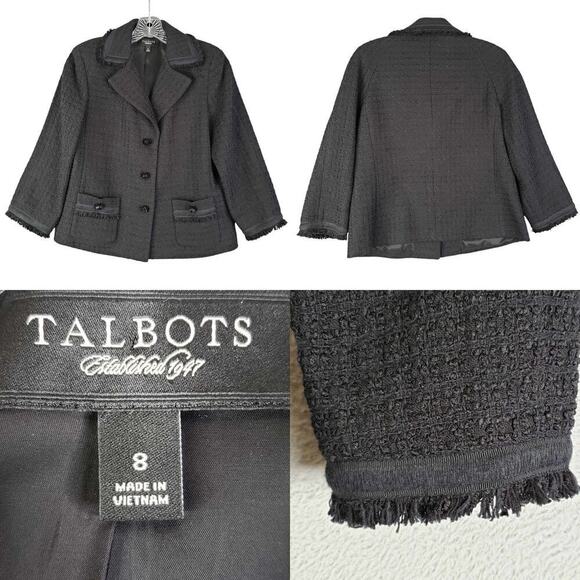 Talbots Blazer Jacket Women’s Size 8 Tweed Black Fringe Lined Cotton Crystal - Picture 1 of 8